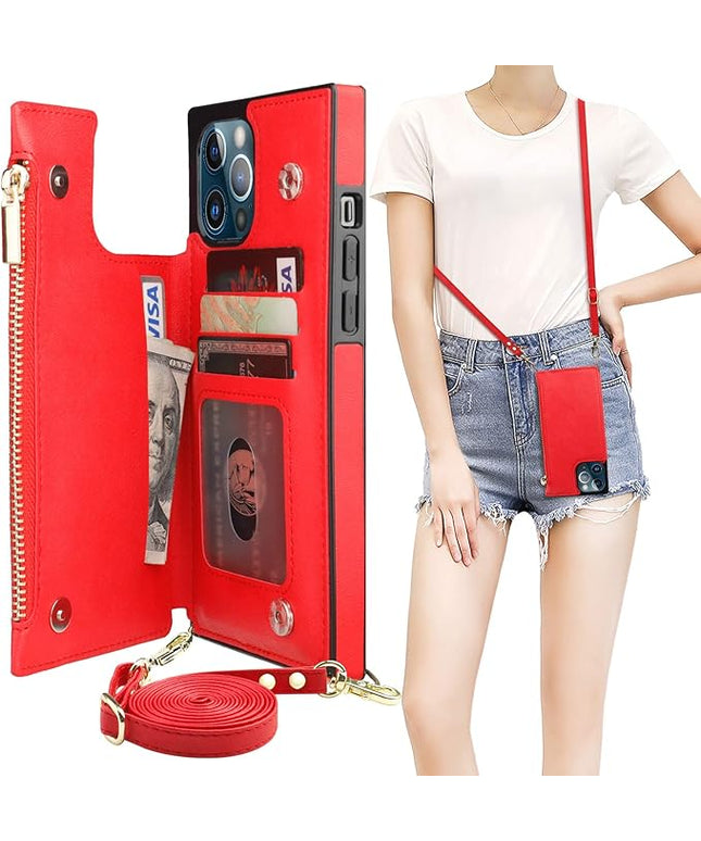 Bocasal Crossbody Wallet Case for iPhone 12 Pro Max with Card Holder,Zipper Card Slot Protector Shockproof Purse Cover with Removable Cross Body Strap 6.7 Inch(Red)