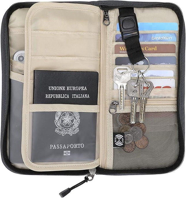 ZOPPEN Passport Holder Family RFID Passport Wallet, Passport Holder Women/Men, Travel Wallet Documents Organizer Zipper Case with Removable Wristlet Strap, Travel Essentials for Flying
