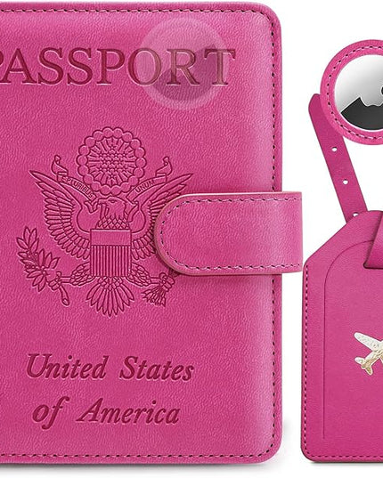 Passport Holder For Travel with Slot for AirTag & Luggage Tag Cover – RFID Blocking Travel Passport Wallet for Women/Family | PU Leather Passport Case with Extra Money Pocket, Pink