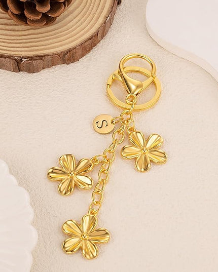 XGALBLA Gold/Silver Initial Keychain Flower Charms for Key Cute Letter Keyring for Purse Handbag Backpack