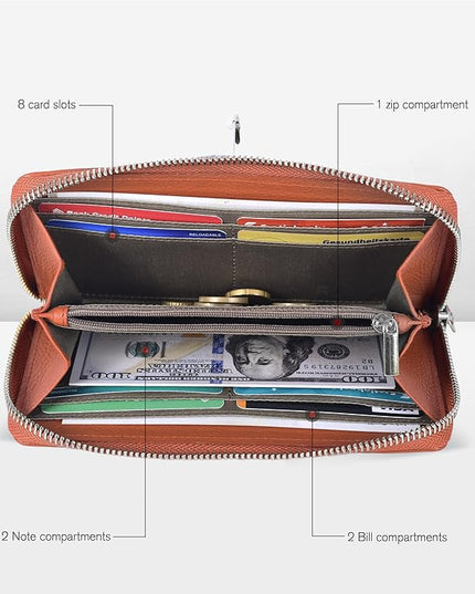 Oak Leathers Tan Leather Wallet for Women - RFID Womens Wallet Clutch with 8 Credit Card Holder, Coin Pocket, Gift for Women’s Cognac Purses