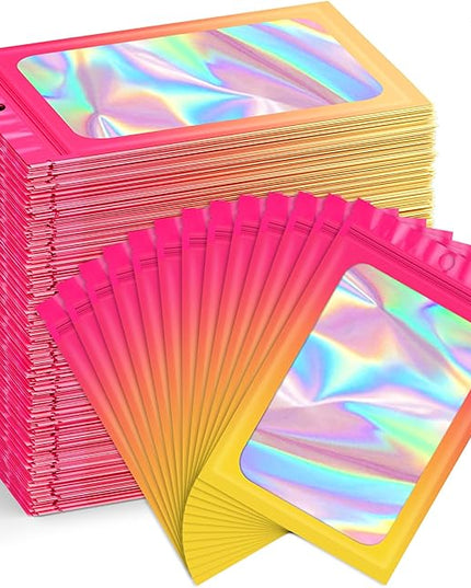 Funfery 300 Pack Smell Proof Resealable Bags for Food Storage,Holographic Bags 4x6 Hot Pink Orange Mylar Clear Packaging Bag- Scent Proof for Cookies, Zip Foil Pouch for Small Business