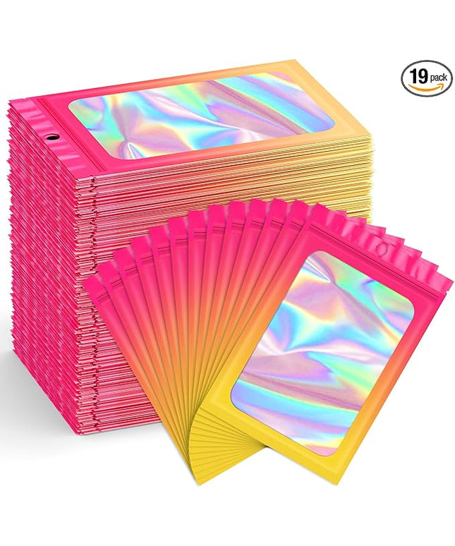 Funfery 300 Pack Smell Proof Resealable Bags for Food Storage,Holographic Bags 4x6 Hot Pink Orange Mylar Clear Packaging Bag- Scent Proof for Cookies, Zip Foil Pouch for Small Business
