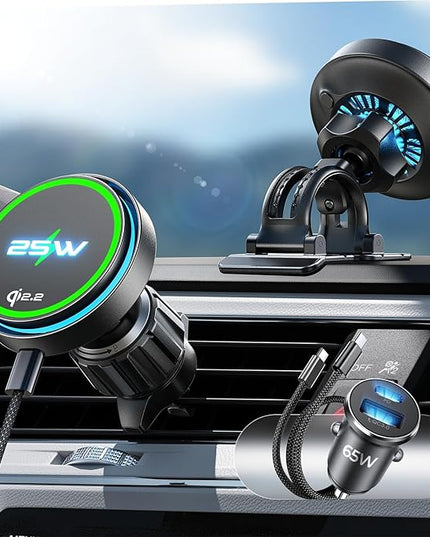 LISEN for Qi2.2 25W MagSafe Car Mount Charger，[Top Spec with Cooling Fan＆95W Fast Adapter] 25W iPhone 17 Pro Max Car Charger Fast Charging for iPhone 17 Pro Max Plus Air 16-12 Series,Pixel 10 Pro XL