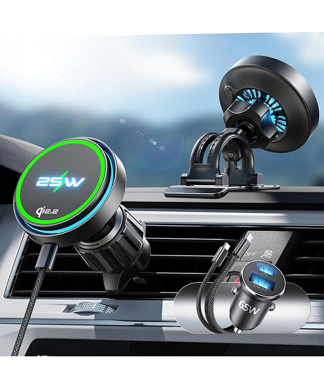 LISEN for Qi2.2 25W MagSafe Car Mount Charger，[Top Spec with Cooling Fan＆95W Fast Adapter] 25W iPhone 17 Pro Max Car Charger Fast Charging for iPhone 17 Pro Max Plus Air 16-12 Series,Pixel 10 Pro XL