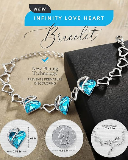 Leafael Infinity Love Heart Link Bracelets, Birthstone or Healing Stone Crystal Bracelet for Women, Silver Tone Jewelry Gifts for Her, 7-inch Chain and 2-inch Extender