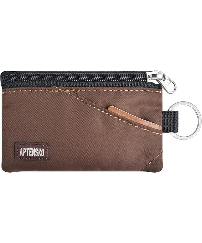 RFID Travel Wallet with Adjustable Lanyard-Zipper Small Wallet with ID Card Holder, Keychain for women&men-Minimalist Slim Waterproof Nylon case for ID, Cash, Key (Coffee)