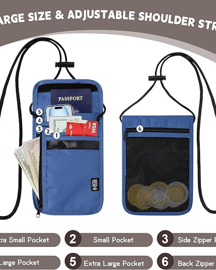 5.5" L x 7.9" W Travel Neck Wallet, RFID Blocking Passport Holder, Security Lightweight Passport Travel Wallet, Neck Pouch Gifts for Women Men(Blue)
