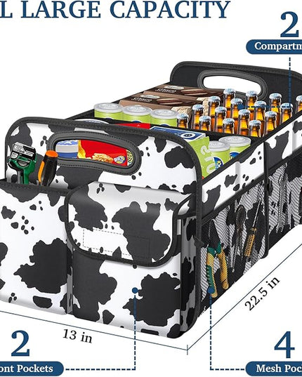 Femuar Car Trunk Organizer, Cow Print, Vintage Style, 52L Capacity, 4 Compartments, Waterproof, Non-Slip, Collapsible, 22.5"D x 18"W x 10.8"H