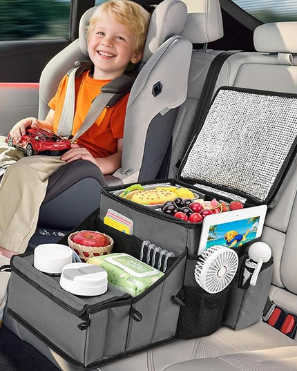 COOLBEBE Car Seat Organizer, Backseat Car Organizer with Cup Holders for Kids and Adults Travel, Cooler Compartment Passenger Seat Organizer Storage Box for Front or Middle Seat, Grey