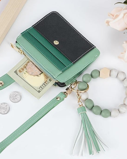 Keychain Wallet with Bracelet RFID Blocking Wristlet Credit Purse Card Holder, Silicone Bead Tassel Key Ring for Women