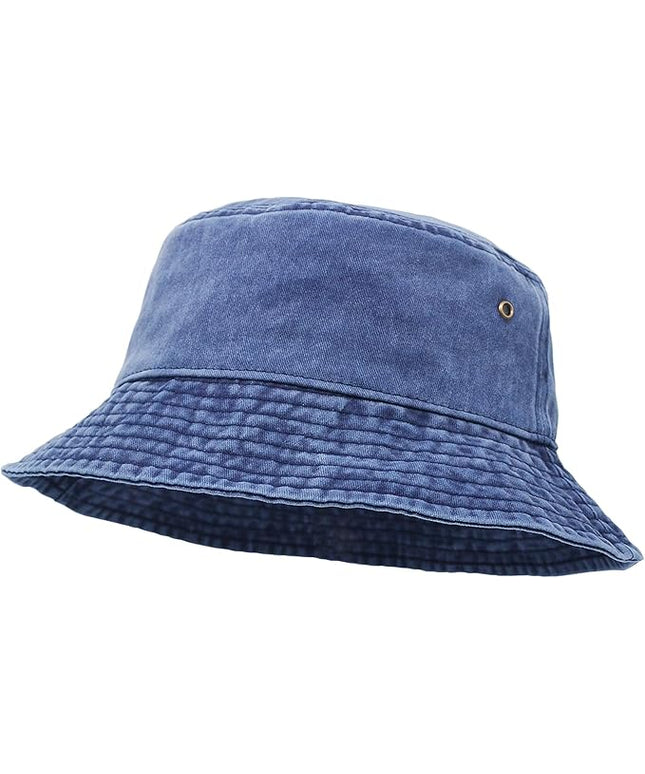 Bucket Hat, Wide Brim Washed Denim Cotton Outdoor Sun Hat Flat Top Cap for Fishing Hiking Beach Sports