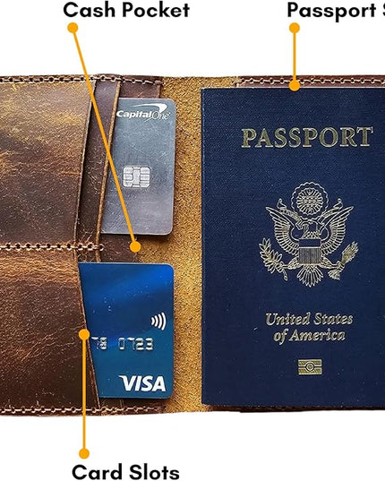 Leather Passport Holder for Men and Women - Handmade Vintage Travel Wallet - Mens Passport Case with Card Organizer - Genuine Leather Passport Cover - 4 Card Slots (Style B)