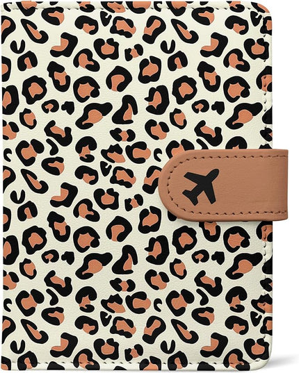 Passport Holder, Travel Wallet Cover with Pen Loop | Cute RFID Blocking Leather Case with Magnetic Closure for Travel Essentials-Leopard