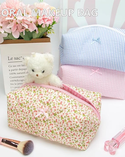 Cozy Makeup Bag Travel Cosmetic Bag for Women Soft Toiletry Bag Aesthetic Makeup Organizer Portable Large Zipper Pouch for Skincare Beauty Accessories Brushes Floral Pink
