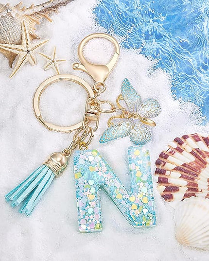 Fashion Alphabet Initial Letter Keychain Tassel Butterfly Pendant Key Ring for Purse Handbags Women Girl