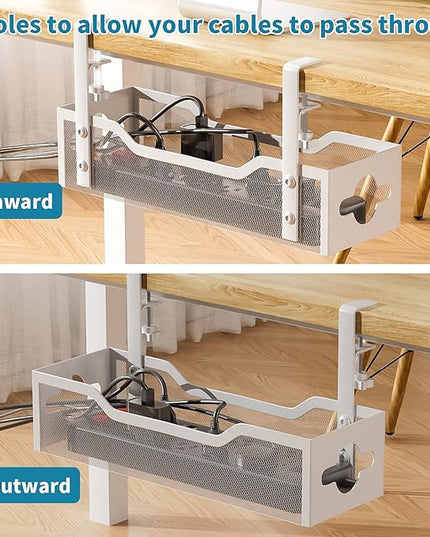 Under Desk Cable Management Tray 3 Pack, Cable Management Under Desk No Drill, Cable Organizer with Clamp for Wire Management, Cord Organizer for Office, Home - No Damage to Table (White)