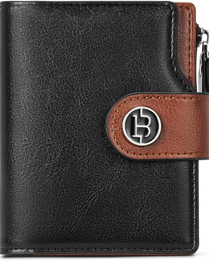 BOSTANTEN Women Leather Wallet Small RFID Blocking Bifold Zipper Pocket Wallet Card Case with ID Window Black＆Beige