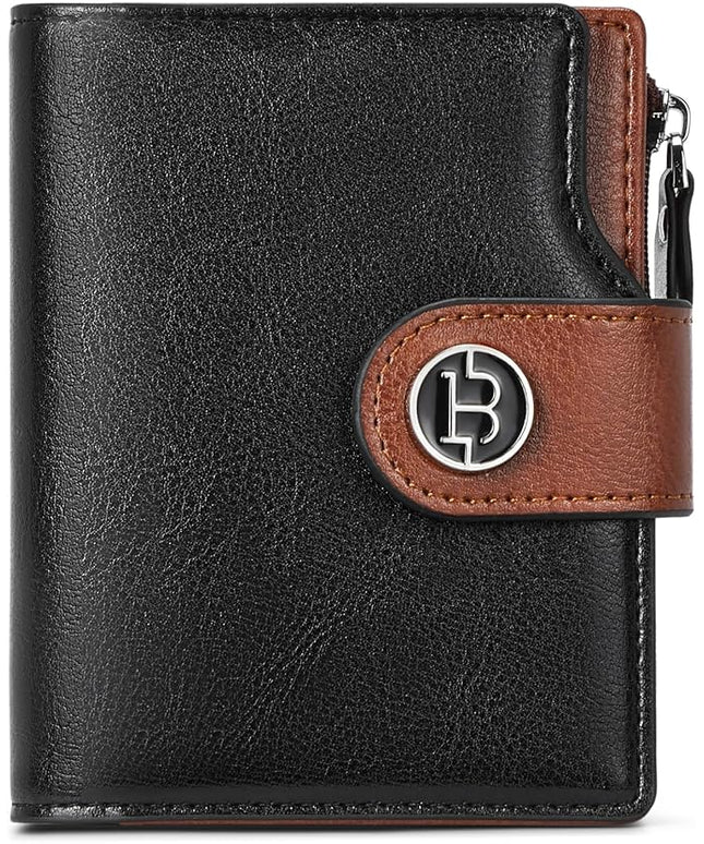 BOSTANTEN Women Leather Wallet Small RFID Blocking Bifold Zipper Pocket Wallet Card Case with ID Window Black＆Beige