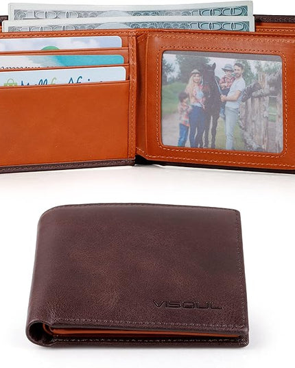 VISOUL Men's Leather RFID Blocking Wallet Extra Capacity, Bifold Security Wallet for men with 2 ID Windows 8 Card Slots 2 Cash Compartments (Coffee and Dark Orange)