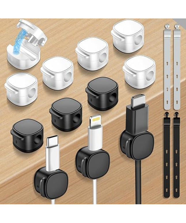 12 Pack,Magnetic Cable Clips & Silicon Cable Ties,[Cable Smooth Adjustable Under Desk Organizer],Cable Management,Cord Holder-Desk Stand Cable Organizer Holding,Adhesive for Home Cable Keeper