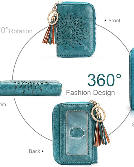 APHISON RFID Credit Card Holder Zipper Card Case Keychain Small Wallet for Women 1927 PEACOCK-BLUE