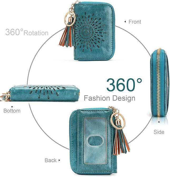 APHISON RFID Credit Card Holder Zipper Card Case Keychain Small Wallet for Women 1927 PEACOCK-BLUE