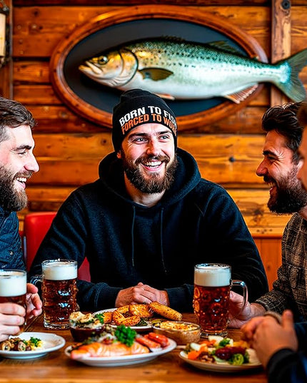 Born to Fish Forced to Work Beanie Hat – Funny Fishing Embroidered Knit Winter Cap – Warm Angler Hat for Men, Women & Teens – Fisherman Gift & Outdoor Accessory Black