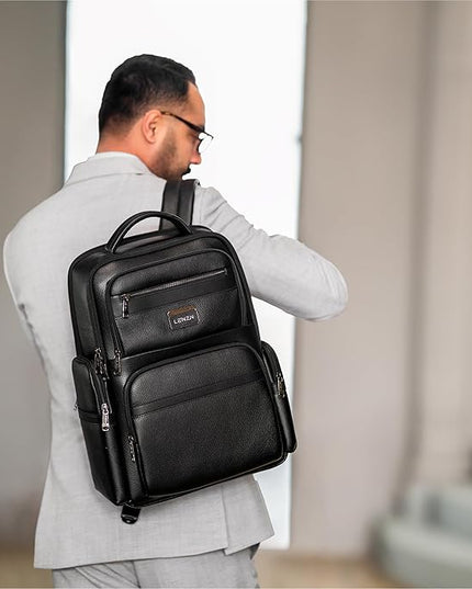 Durable Leather Laptop Business Backpack Perfect for Men & Women, Work Backpack Fits 15.6 Inch, Premium Quality Travel Bag with USB Charging Port, Water-Resistant, Bookbag with Multiple Pockets