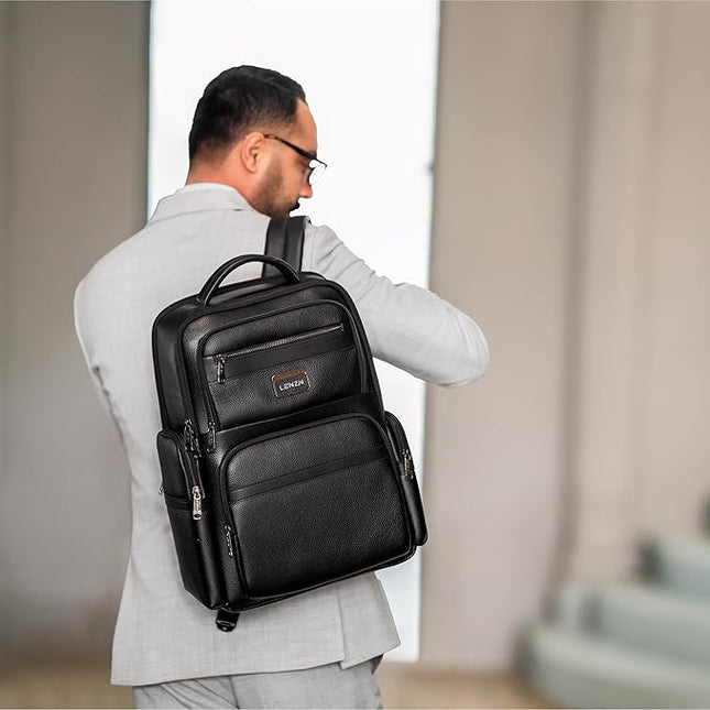 Durable Leather Laptop Business Backpack Perfect for Men & Women, Work Backpack Fits 15.6 Inch, Premium Quality Travel Bag with USB Charging Port, Water-Resistant, Bookbag with Multiple Pockets