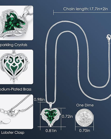 CDE Christmas Gifts for Women Angel Wings Necklace for Women with Birthstone, Love Heart Silver Tone/Gold Tone Pendant, Ideal Anniversary or Birthday Jewelry Gifts for Wife Girlfriend Her