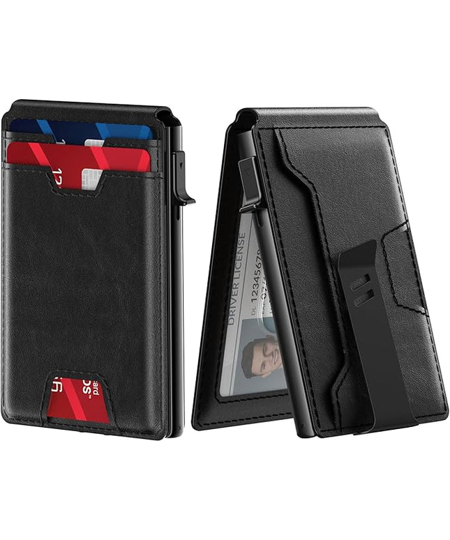 typecase Mens Wallet Card Holder: Pop Up Card Case, Genuine Leather, Smart, RFID Blocking, Slim, Minimalist, Thin, Front Pocket - 9-13 Card Capacitiy | ID Window | Money Clip (Black)