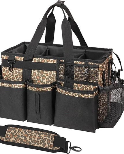 Wearable Cleaning Caddy, Cleaning Caddy Supplies Organizer with Handle & Shoulder Straps for Housekeepers, Under Sink & Car Cleaning Tool Organizers Bag with 4 Foldable Divider (Leopard)