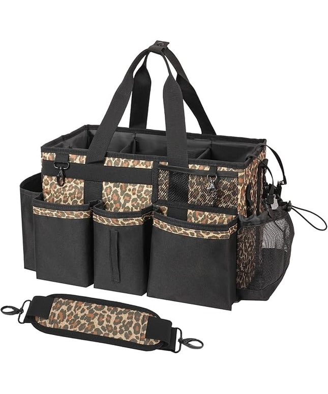 Wearable Cleaning Caddy, Cleaning Caddy Supplies Organizer with Handle & Shoulder Straps for Housekeepers, Under Sink & Car Cleaning Tool Organizers Bag with 4 Foldable Divider (Leopard)