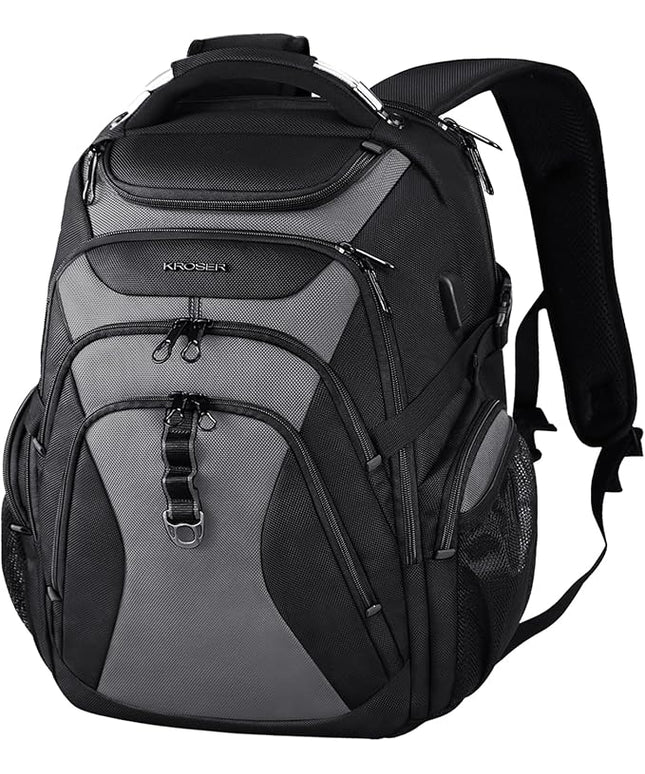 KROSER Travel Laptop Backpack 18.4 Inch XXXL Gaming Backpack with Hard Shell Saferoom RFID Pockets Water-Repellent Business College Daypack Stylish Laptop Bag for Men/Women-Black Grey