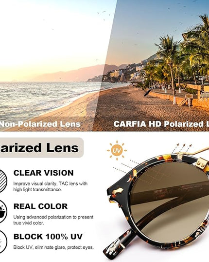 CARFIA Small Face Acetate Polarized Sunglasses for Women UV Protection, Retro Double Bridge Eyewears Metal Brow Round Sunnies
