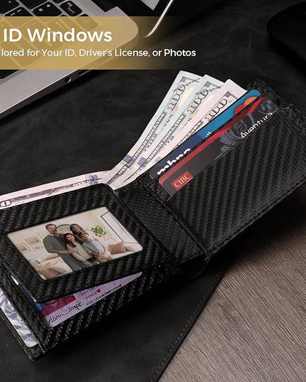 RUNBOX Wallet for Men Bifold RFID Blocking Wallets with 2 ID Window 14 Card Holders 1 cash pocket 1 Gift Box