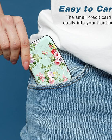 Atufsuat Credit Card Holder, Mini Aluminum Card Wallet RFID Blocking Slim Metal Hard Card Case for Women Men, Green Flowers