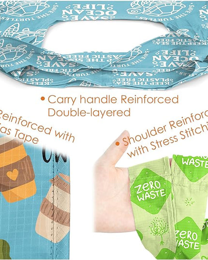 BeeGreen Print Reusable Shopping Bags 6 Pack - Heavy Duty Washable and Foldable Polyester Shopping Bag for Women, Reusable Gift Grocery Totes Market Tote Bag with Handles for Travel Holiday