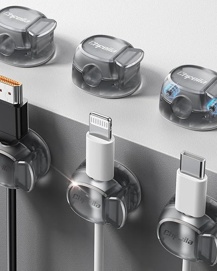Cable Clips - Chfeila Latest Dual Spring Cord Organizer with Clasp Lock, 6Pack [Max Stability] Desk Cable Management, Adhesive Phone Charging Wire Holder for Nightstand/Car/Wall, Office Accessory