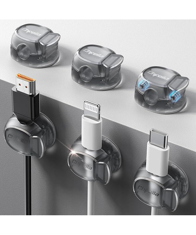 Cable Clips - Chfeila Latest Dual Spring Cord Organizer with Clasp Lock, 6Pack [Max Stability] Desk Cable Management, Adhesive Phone Charging Wire Holder for Nightstand/Car/Wall, Office Accessory
