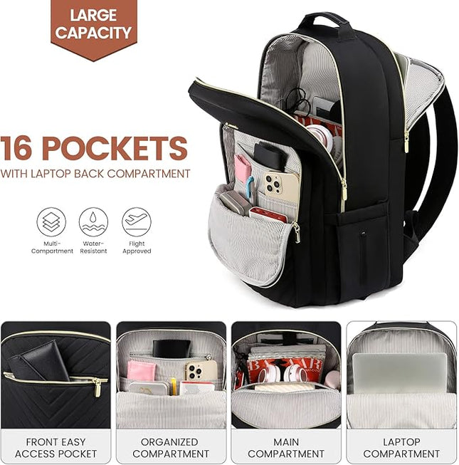 LOVEVOOK Laptop Backpack for Women 17.3 inch,Cute Womens Travel Backpack Purse,Professional Computer Bag,Waterproof Work Business College Teacher Bags Carry on Backpack with USB Port,Black