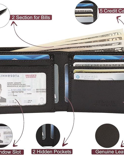 BOTANNER Genuine Leather Mens Bifold Wallet RFID Blocking 5 Credit Card Slots 1 ID Window 2 Sections for Bills 2 Additional Slots | Ink Black