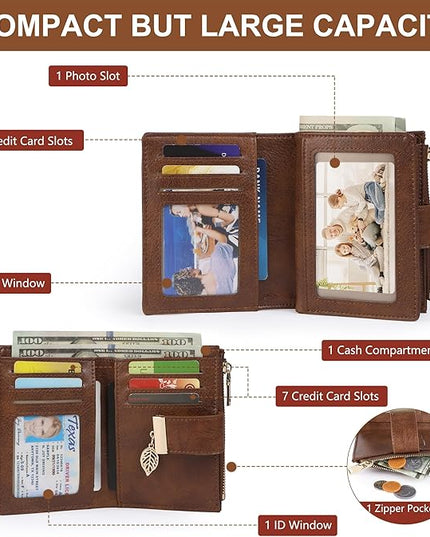 yiijay Small Wallet Women RFID Blocking Leather Bifold Wallet Credit Card Holder for Women Ladies Compact Wallet Mini Purse With Zipper Pocket
