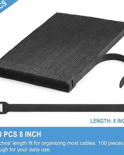 100 PCS 8 Inches Reusable Cable Ties | Adjustable Cord Wraps, Cable Straps | Hook & Loop Cord Organizer, Cable Management