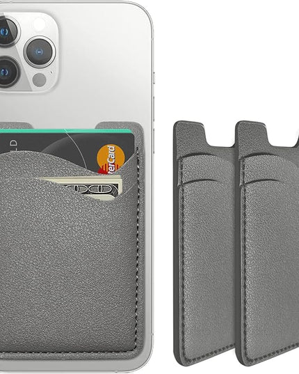 Leather Phone Card Holder - Stick On Wallet, Compatible with iPhone & Samsung, 2-Pack Grey