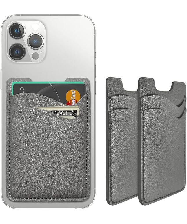 Leather Phone Card Holder - Stick On Wallet, Compatible with iPhone & Samsung, 2-Pack Grey