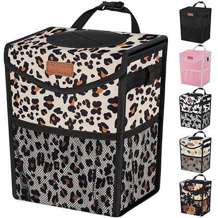 Car Trash Can with Lid, Cute Leakproof Car Trash Garbage Bag Hanging Vehicle Trash Bin Small Portable Automotive Garbage Cans Organizer for Back/Front Seat(Trapezoid,Leopard