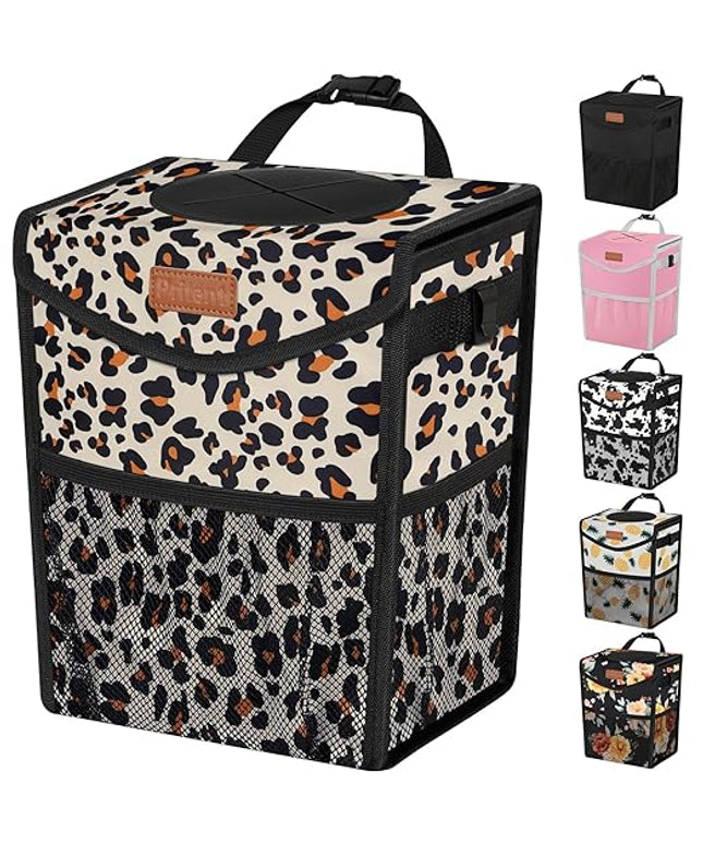 Car Trash Can with Lid, Cute Leakproof Car Trash Garbage Bag Hanging Vehicle Trash Bin Small Portable Automotive Garbage Cans Organizer for Back/Front Seat/Console(2.8 gal,Leopard