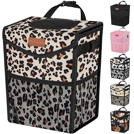 Car Trash Can with Lid, Cute Leakproof Car Trash Garbage Bag Hanging Vehicle Trash Bin Small Portable Automotive Garbage Cans Organizer for Back/Front Seat/Console(2.8 gal,Leopard